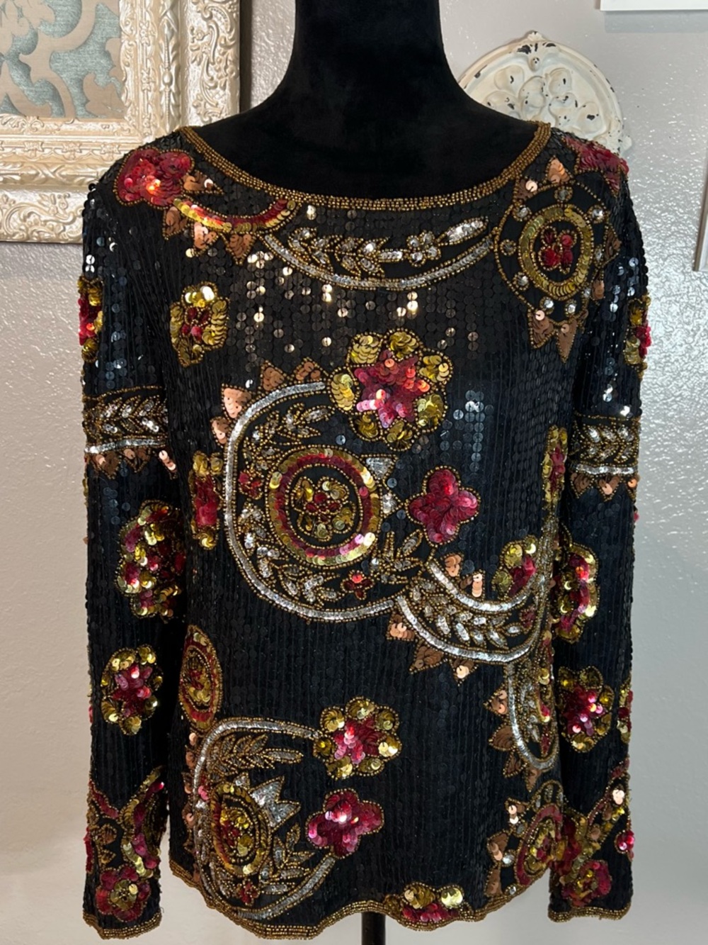 Laurence Kazar Black Sequin Floral Embellished Top with Red and Gold Accents